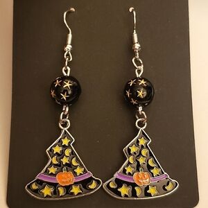 Black Dangle Halloween Witch Hat Earrings